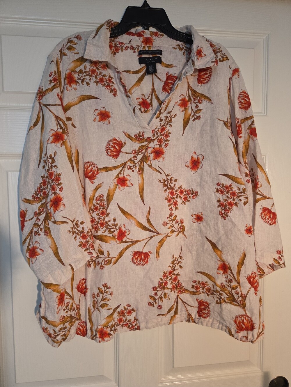 Tahari Linen Tunic Top 3/4 Sleeves Floral Tropical Print 3X Resort